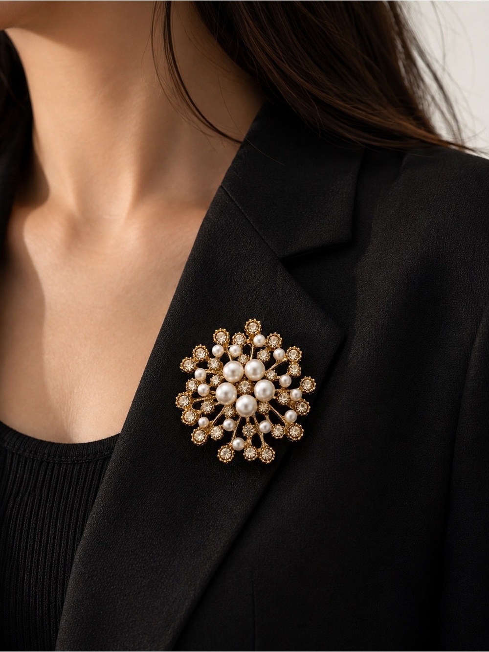 Vintage Inspired Gold Tone Pearl Crystal Starburst Statement Brooch